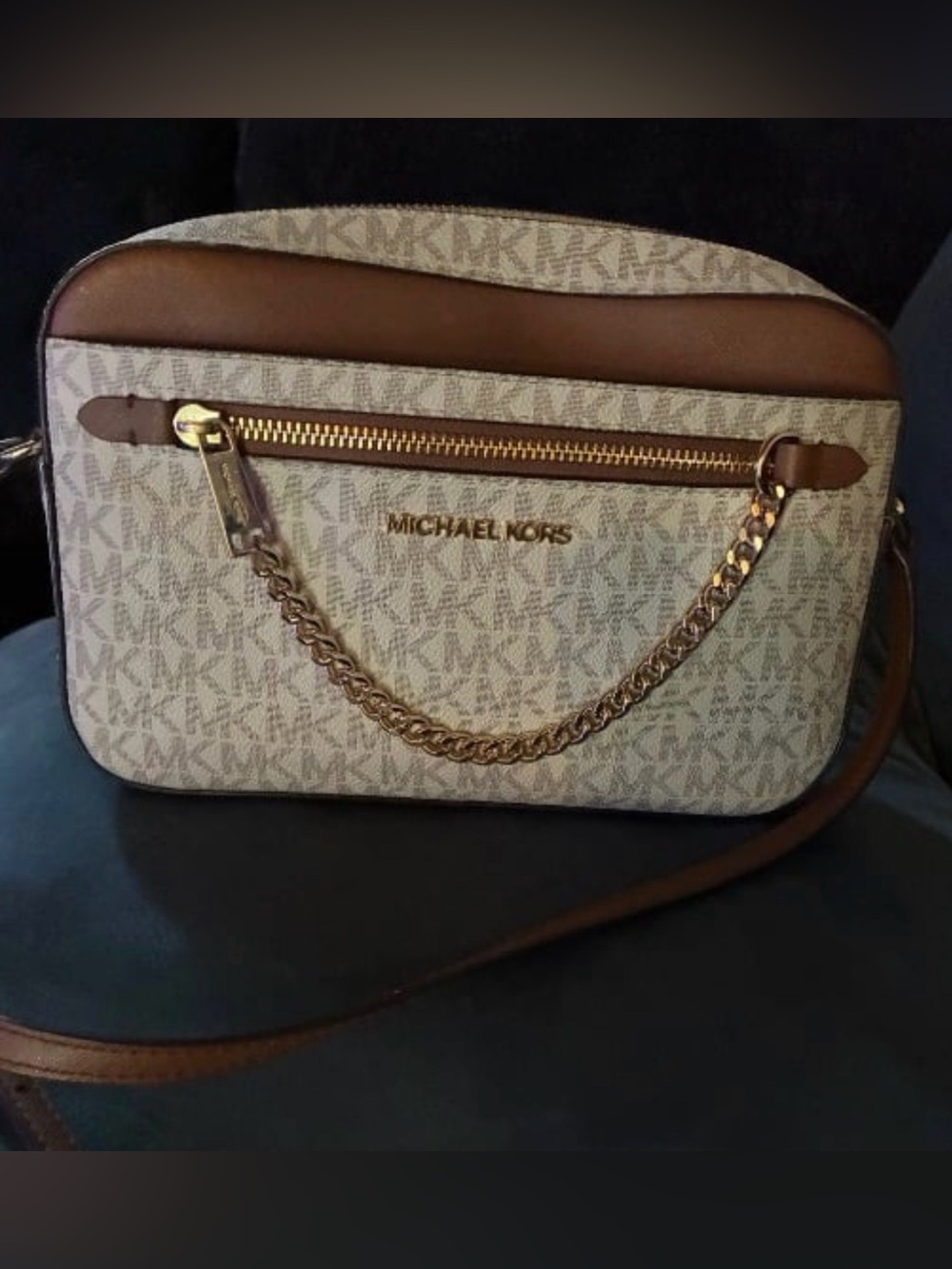 Michael Kors Cream and Brown Signature MK Crossbody Bag
